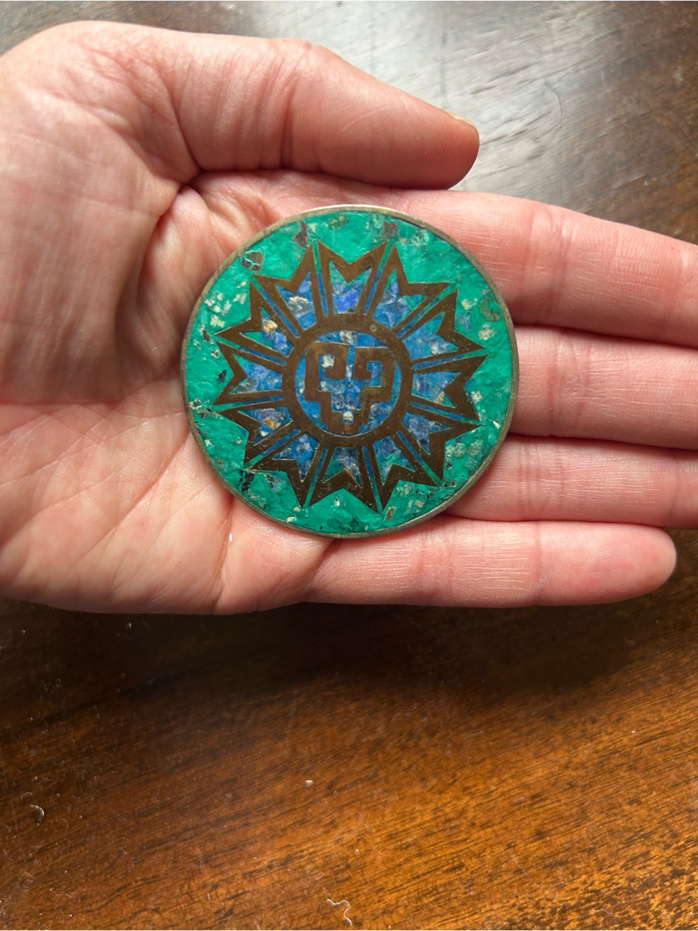 Stunning Sterling Silver Azurite Inlaid Aztec Style Mexican Brooch Taxco